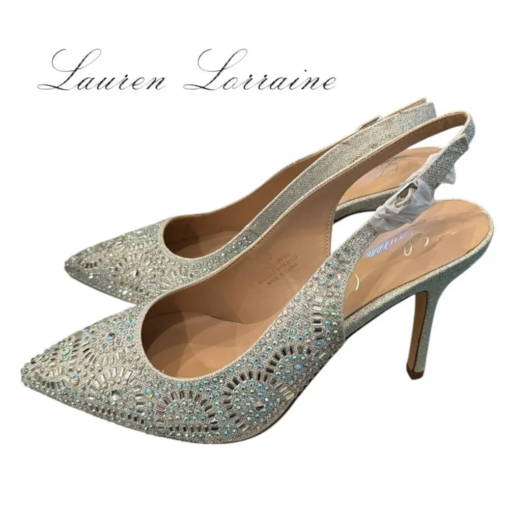 New Lauren Lorraine “Rachel” Silver Embellished Women's Slingback Heels 10